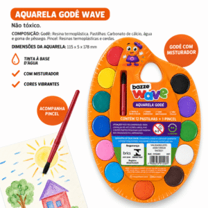 Aquarela Godê Bazze Wave com 12 Cores, Pincel e Misturador